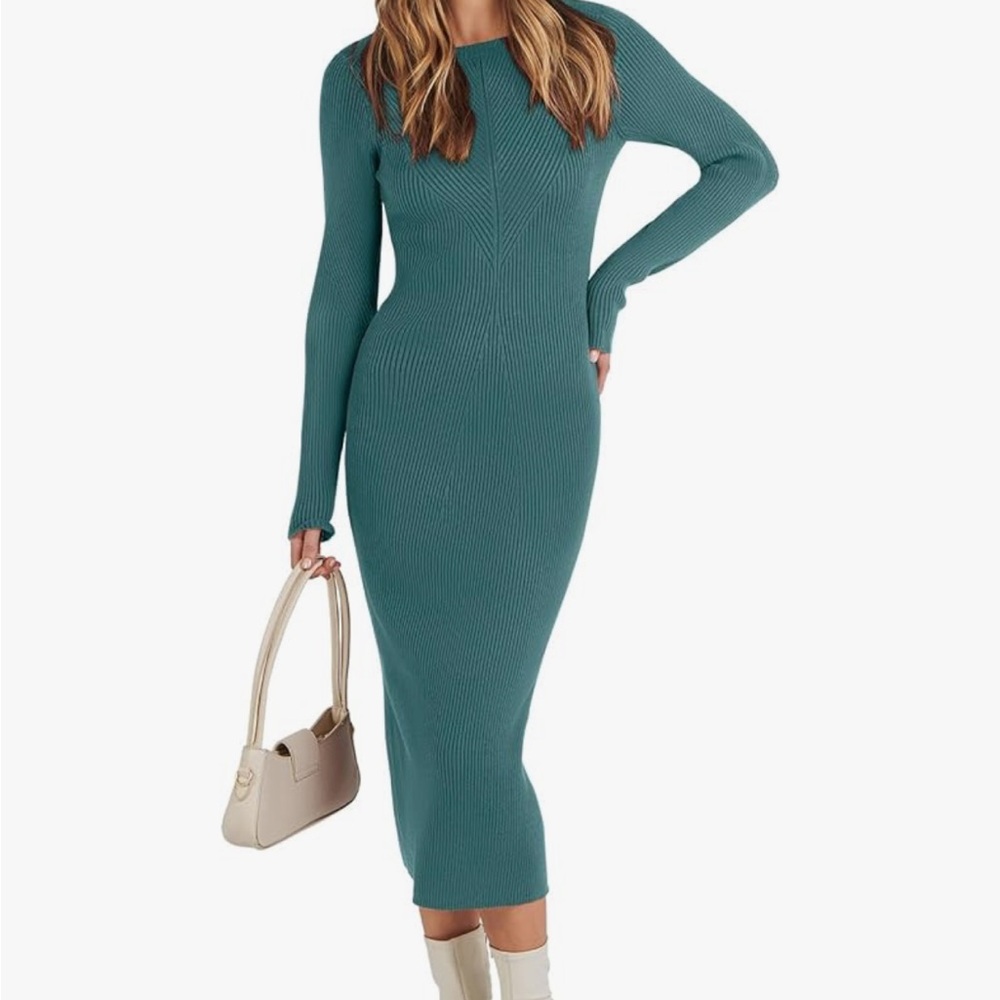 ANRABESS Women Long Sleeve Crewneck Sweater Dress Ribbed Knit Midi Dress